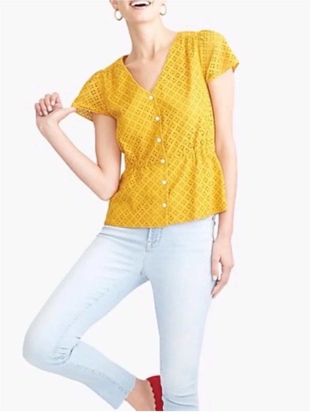 J.Crew Mustard Yellow Eyelet Button Front Peplum Top Size 14